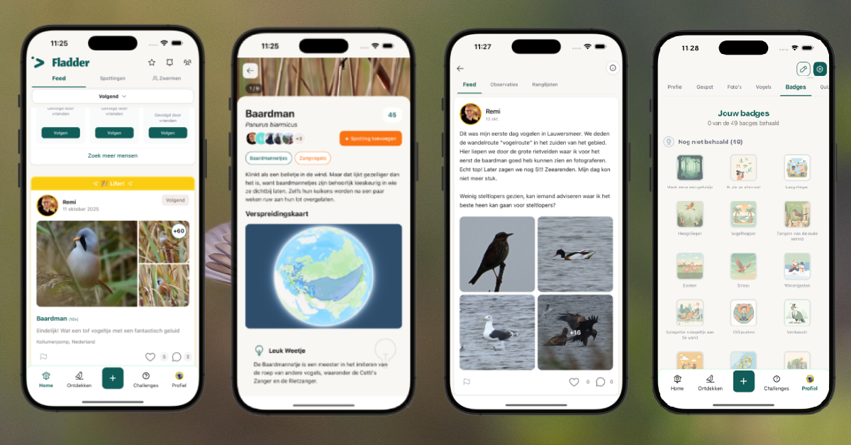 Fladder · vier schermen van de app