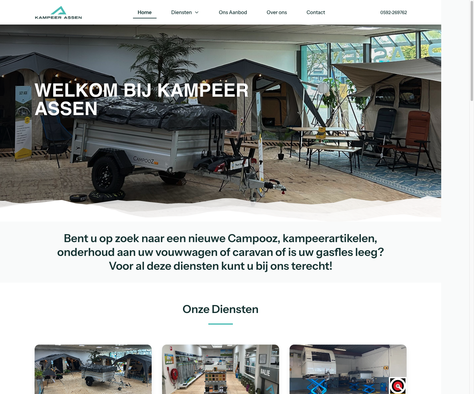 Kampeer Assen · homepage met hero en dienstenoverzicht